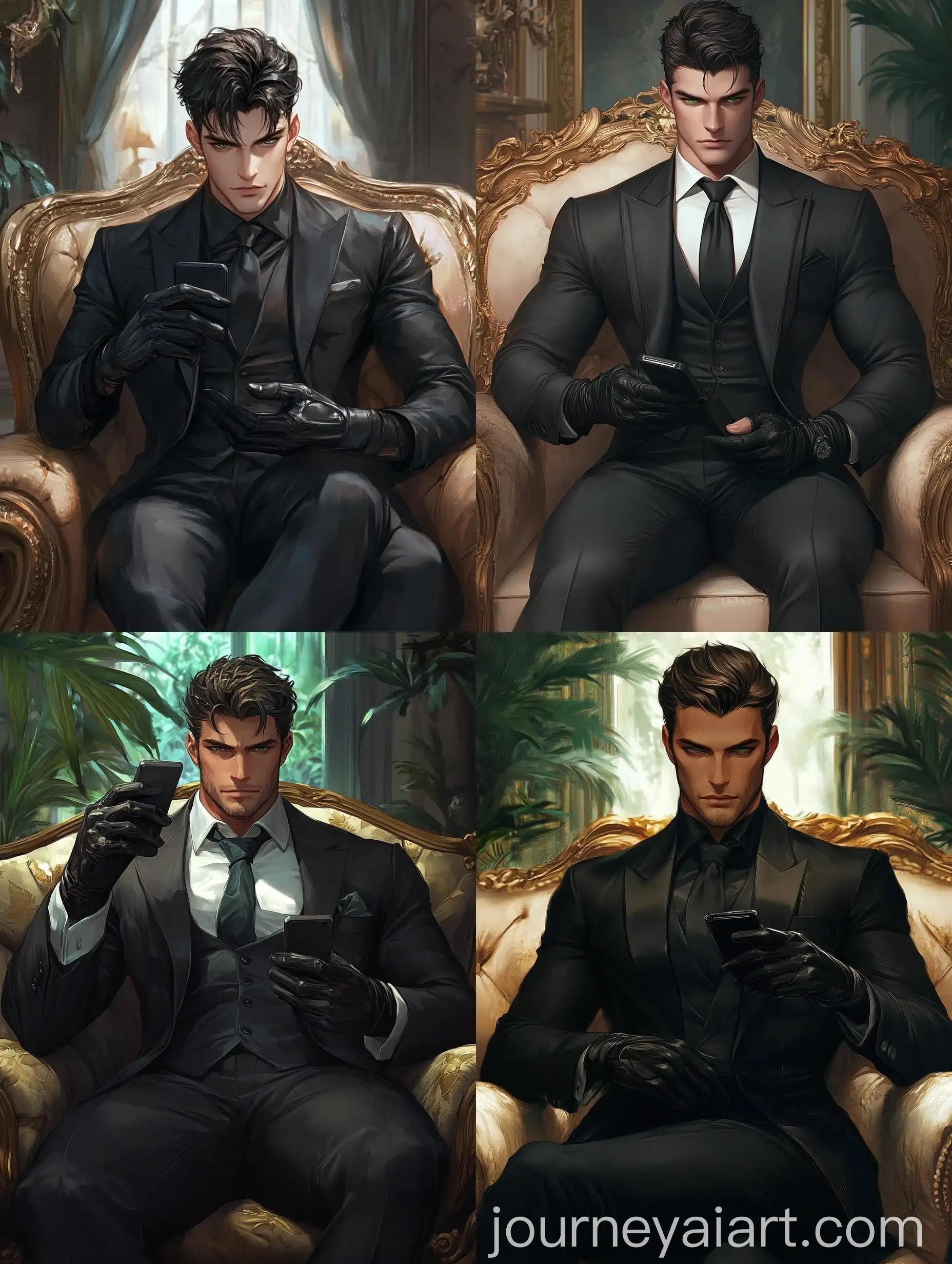 Tall-Muscular-Man-in-Black-Suit-Relaxing-on-Expensive-Sofa-with-Phone