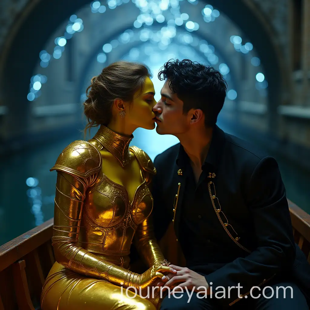 Romantic-Reunion-of-Golden-Woman-and-Shadowy-Man-in-a-Boat-Through-a-Quiet-Tunnel-City-Canal