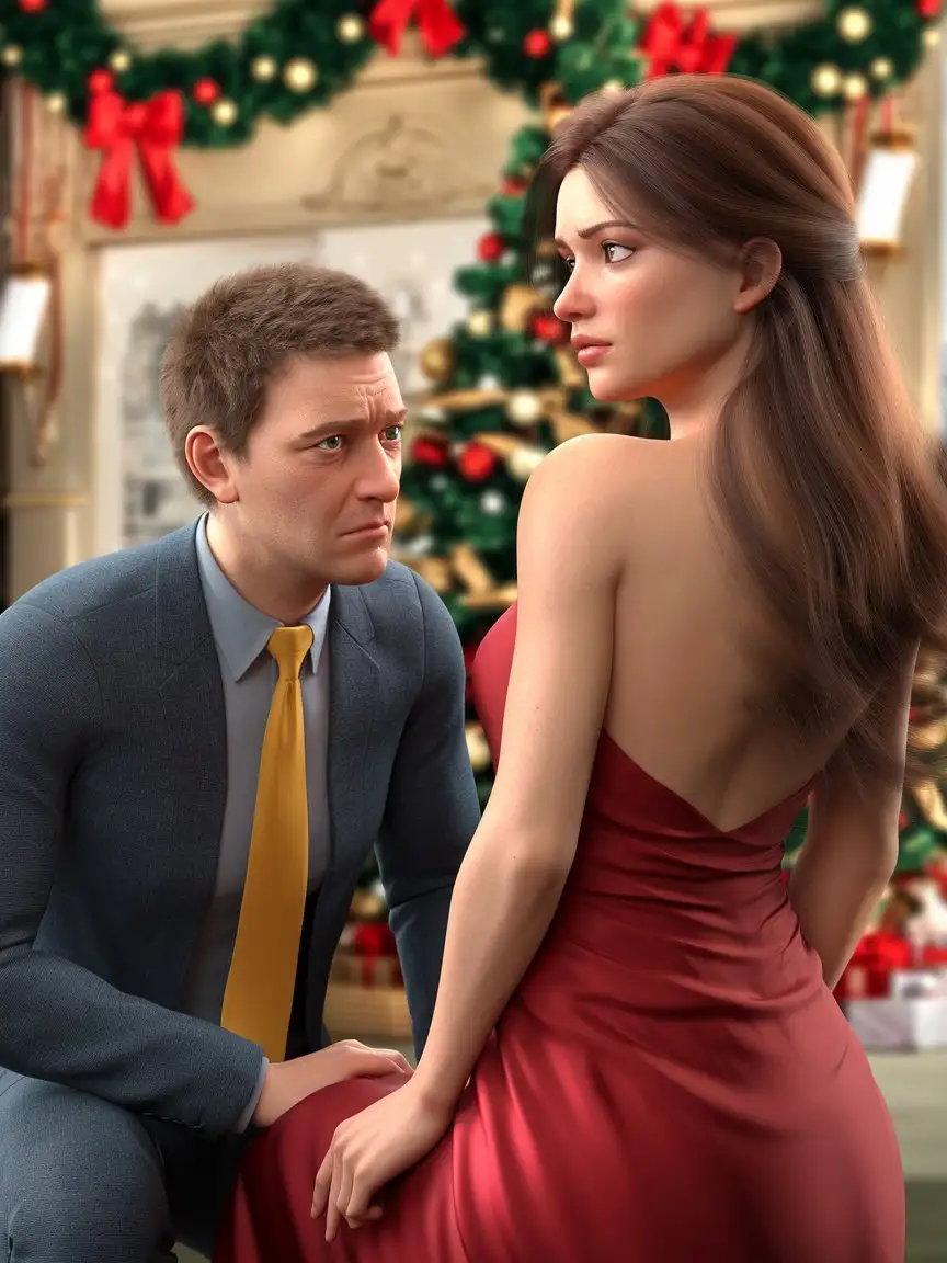 Sad-Man-Kneeling-Before-Beautiful-Woman-in-a-New-Years-Holiday-Scene