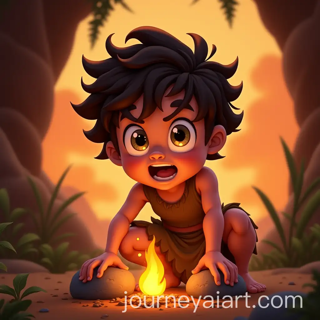 CartoonStyle-Teenage-Caveman-Striking-Rocks-to-Make-FireAI-Art-Prompt-Expansion-at-Sunset