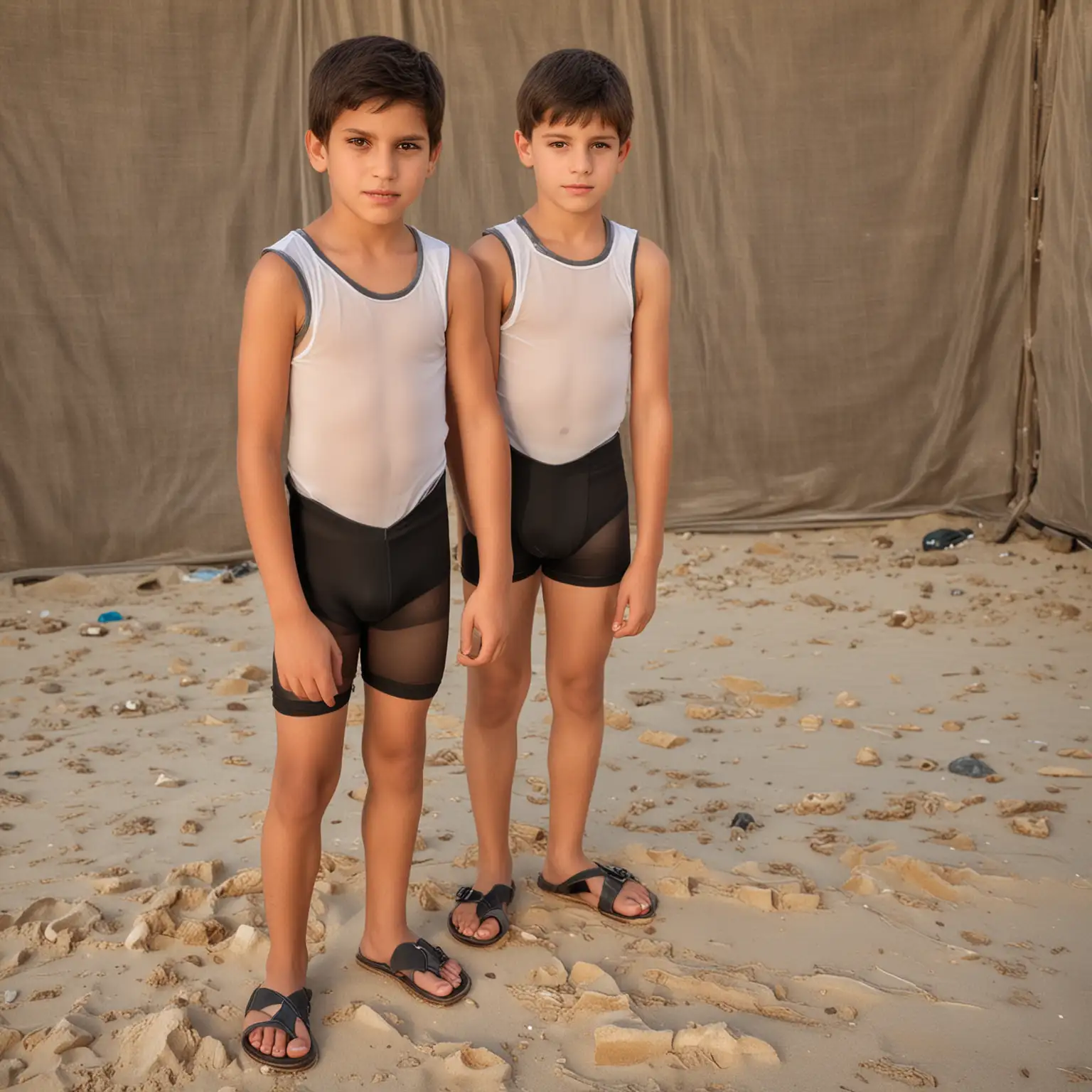 Hispanic-and-Caucasian-Boys-in-Camp-with-Sand-Floor-Expressive-Eyes-and-Stylish-Attire