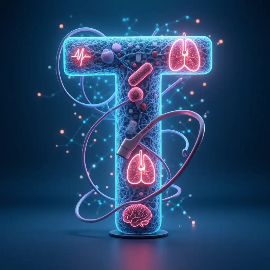 T which it wraps around  phonetoscope,  inside the letter TОЛЬКО are neural connections, microscope, pills, heart monitor, glowing heart rate line, lungs, brain, cardiomonitor with heart cardiogram. In the background, a network of nodes connected by lightning represents knowledge, demonstrating science and life. Light background. Logo style is 3D graphics, realistic.