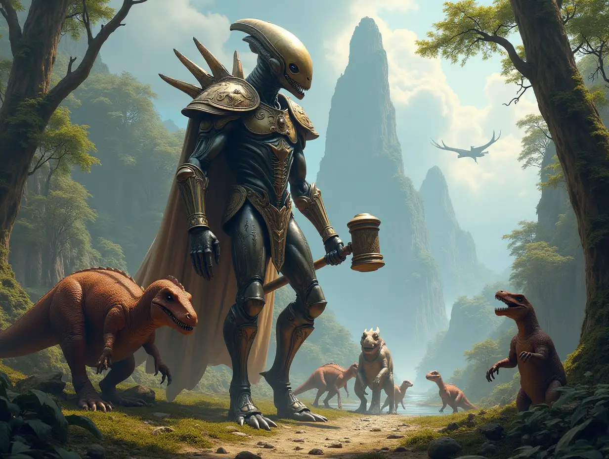 Hyperrealistic portrait of a gpanzerter metal alien king 10 meters tall with a hammer in his hand on an island with many dinosaurs that are intricately detailed and colorfully set against a backdrop of a lush forested planet