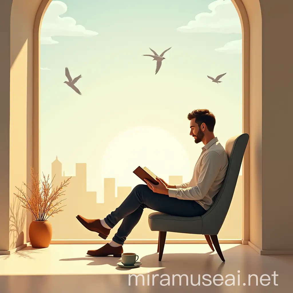 Man Reading Book in Bright Sunlight with Coffee and Birds