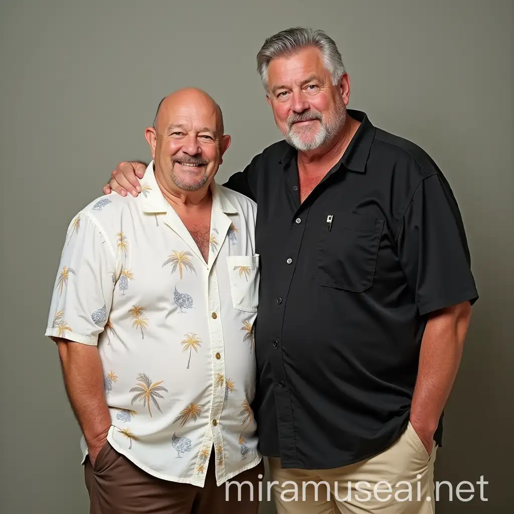 portrait of two men in love, both facing camera, one man is 50 years old, short, bald, round face, chubby, with small reddish-grey goatee, wearing white aloha shirt and brown pantyhose. the other man is 55 years old, tall, stocky short grey hair parted on side, black short sleeve button down shirt and tan shorts