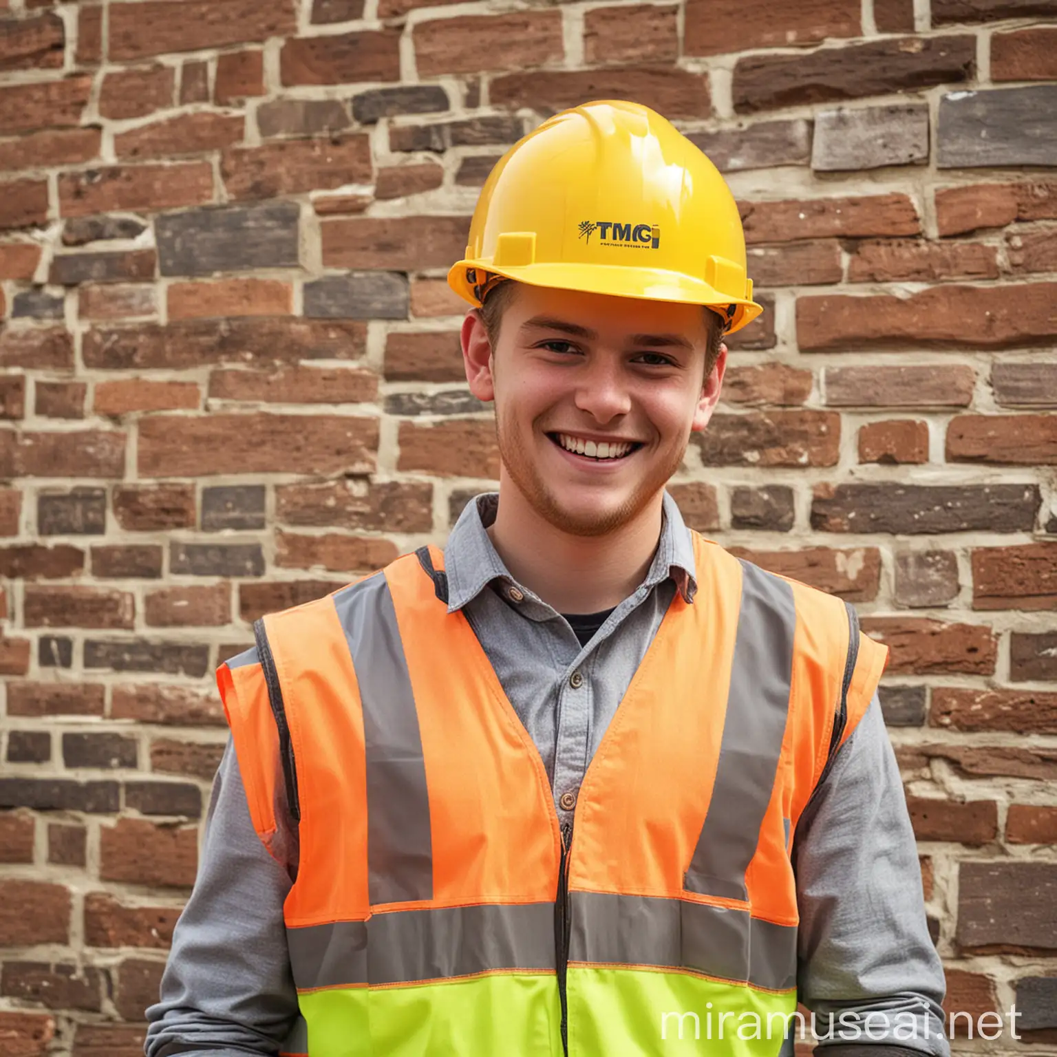 Young Trainee Bricklayer in Yellow Hi Viz Vest with Trowel and Hard Hat