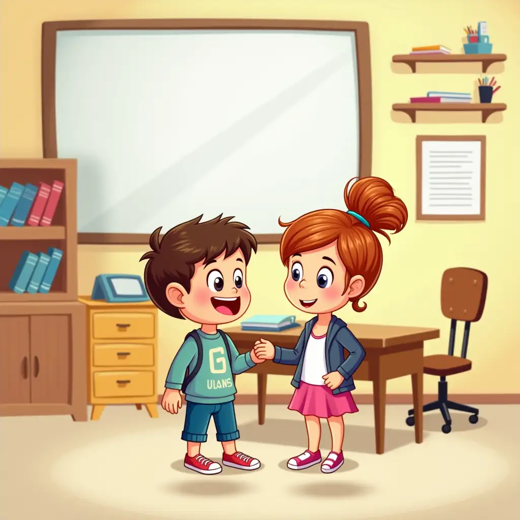 I need a picture for my English course book for kids. It should have the title “My Class” and there should be a boy and a girl in the classroom, there should be a puppet, chair, shelf, crayon and paper somewhere in the room. Make it like a cartoon picture