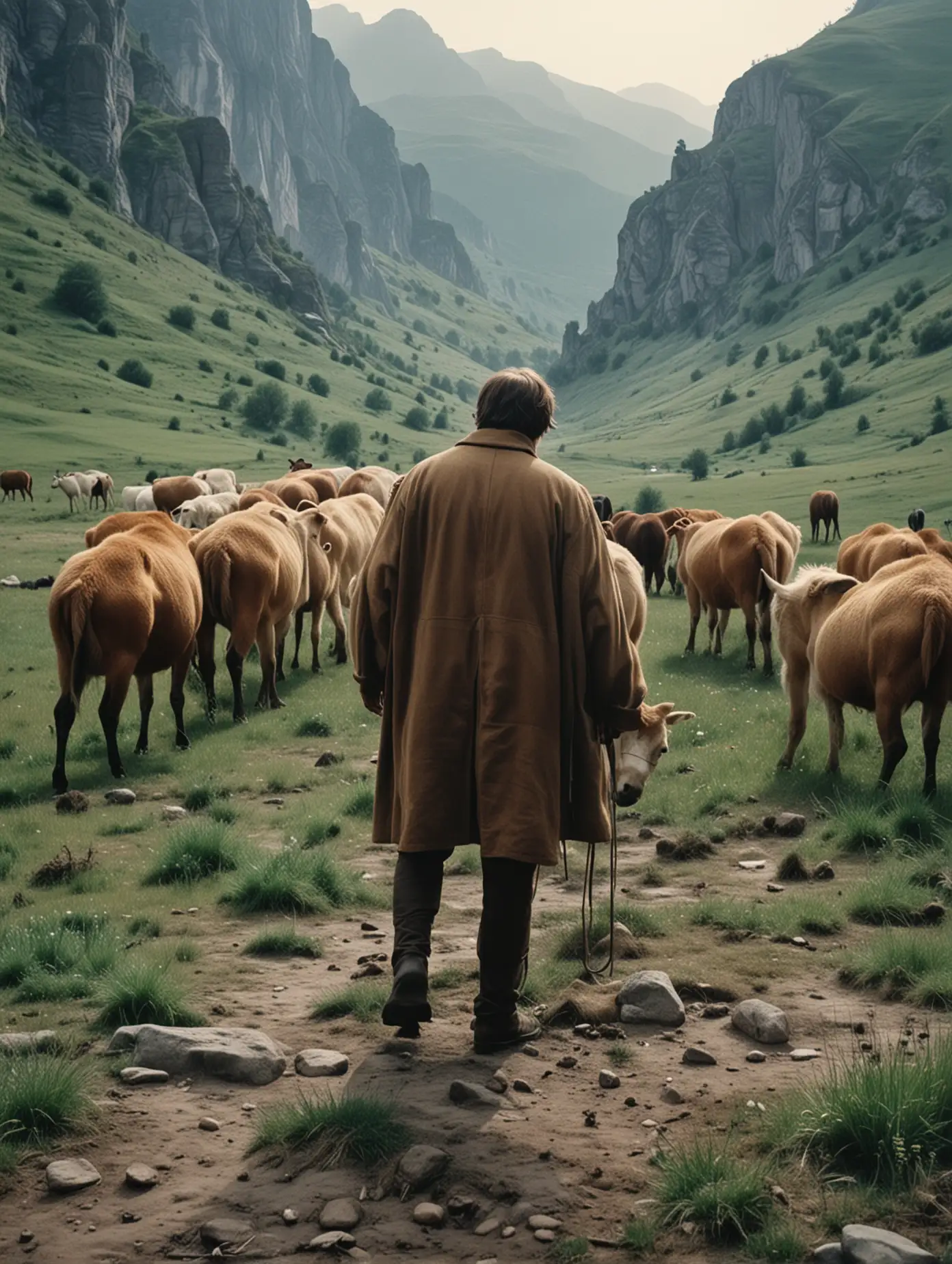 Giant-Person-Gently-Caressing-Animal-in-Mountain-Landscape-with-Surrounding-Wildlife