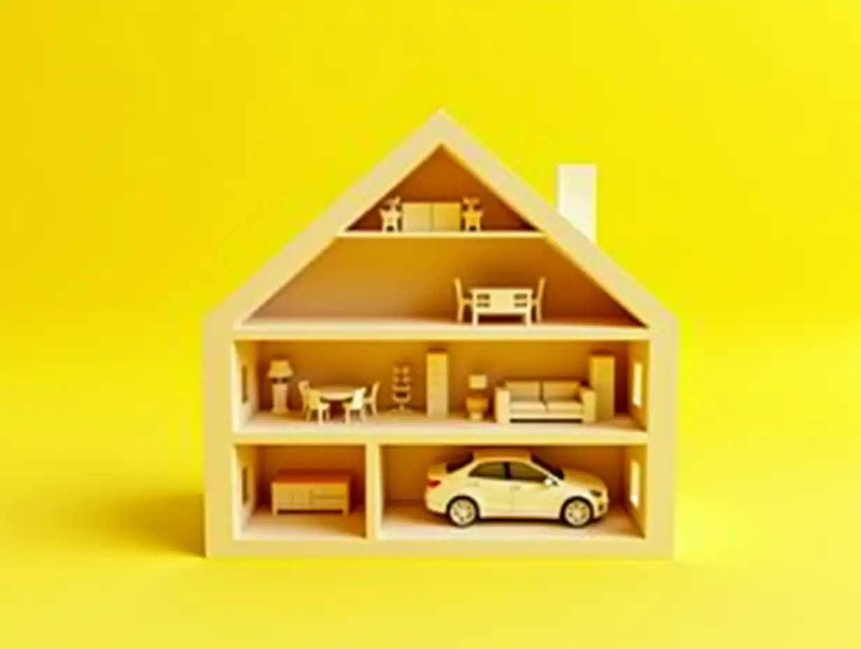 House in section with furniture, car in garage, see everything inside, matte yellow monochrome on yellow background, simplified architecture, 3d model, macro, Cinema 4d, volume, shadows, studio lighting