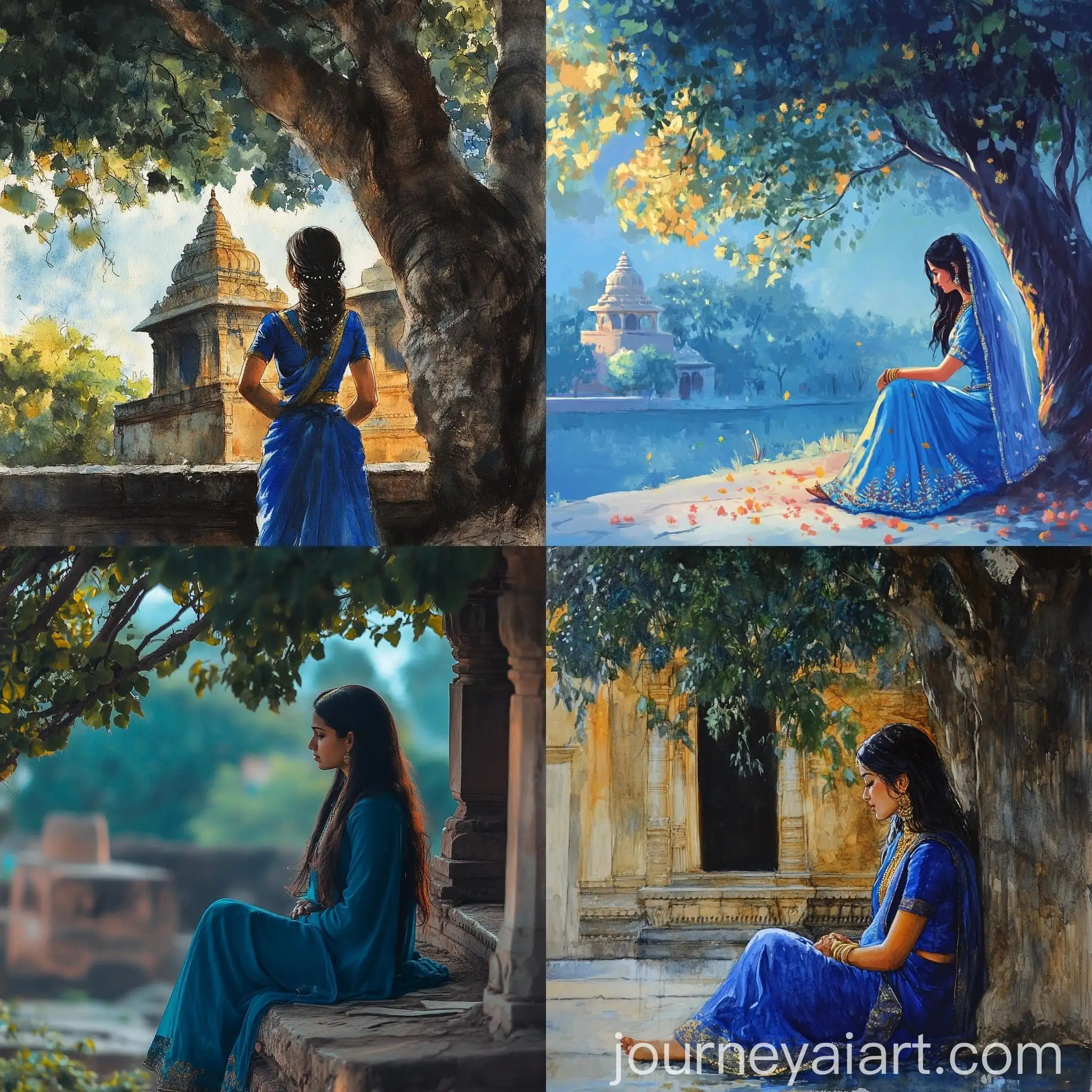 Girl-in-Blue-Salwar-Suit-Waiting-Under-Tree-at-Temple