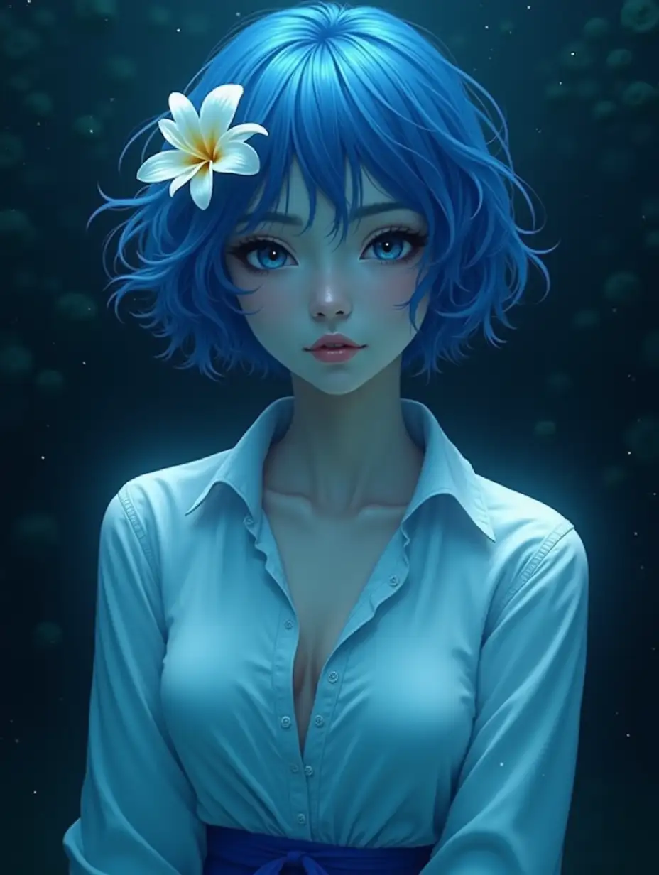 ultradetailed hyperrealistic portrait of woman with blue short slightly curly hair, one eye is blue, the other is blue. She is dressed in a white shirt and a blue skirt, has a precious white lily in her hair, delicate facial features and an attractive physique. It is under water in total darkness