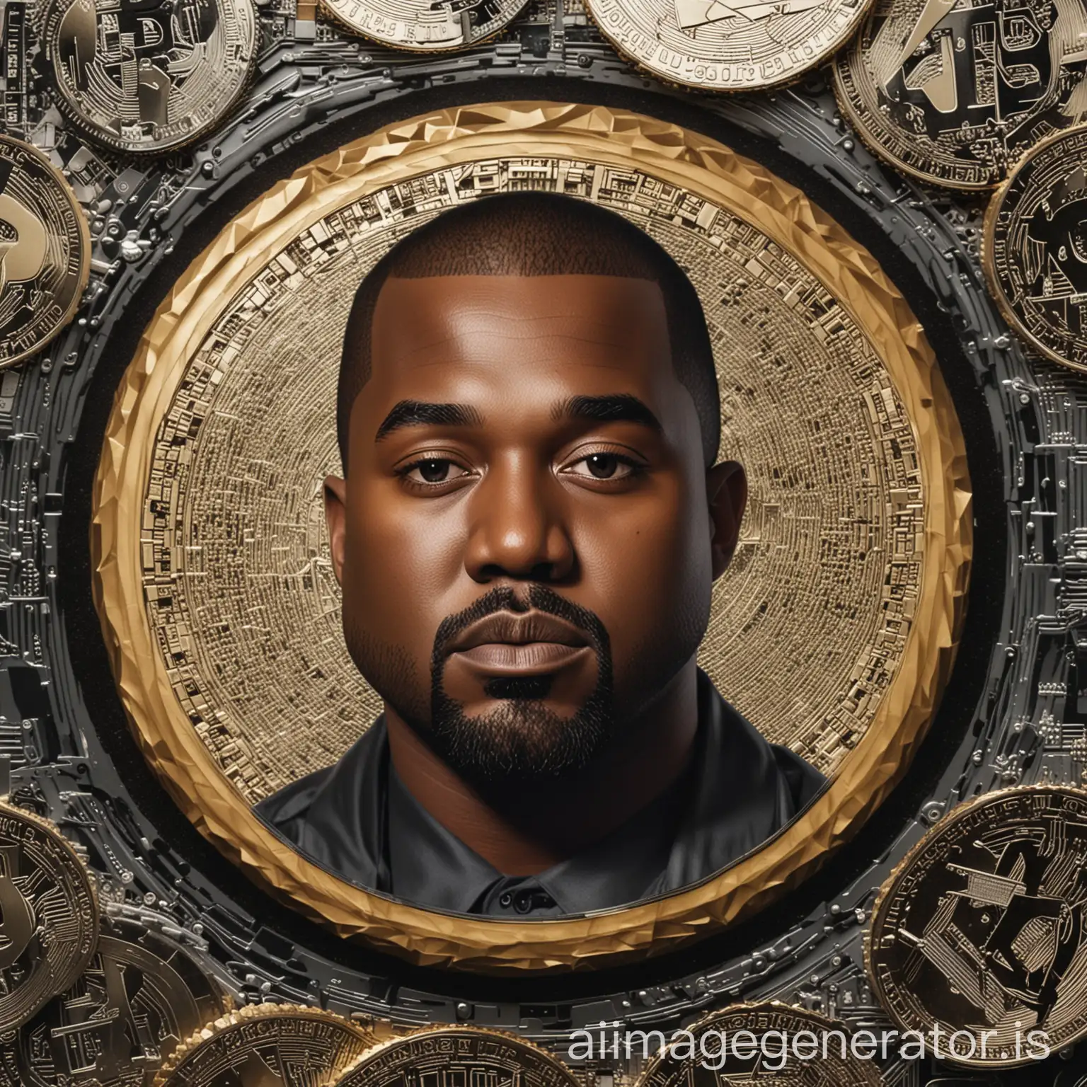 FUTURISTIC CRYPTO CURRENCY WITH KANYE WEST FACE ON IT.