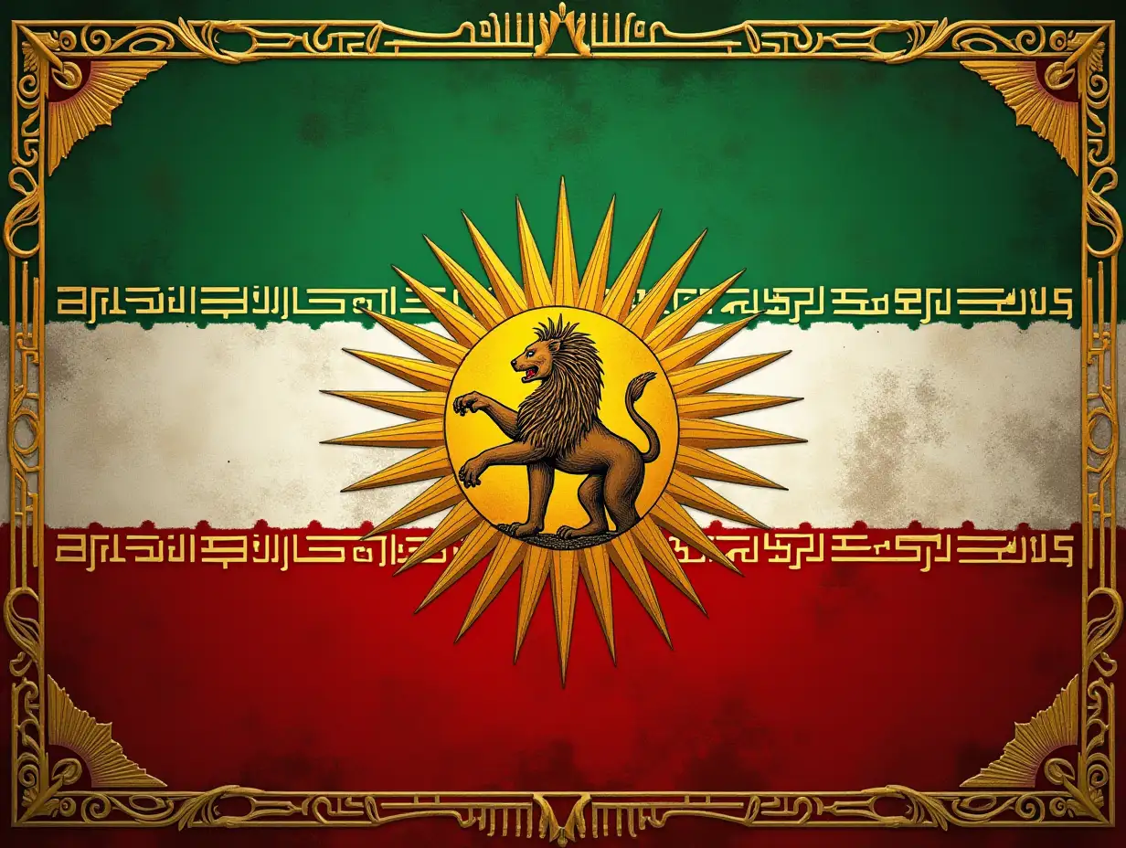 An Imperial Iranian flag with a lion and sun and faravahar, shahbaz drawn in a war style to represent the imperial iranian air forces, styled like a coat of arms