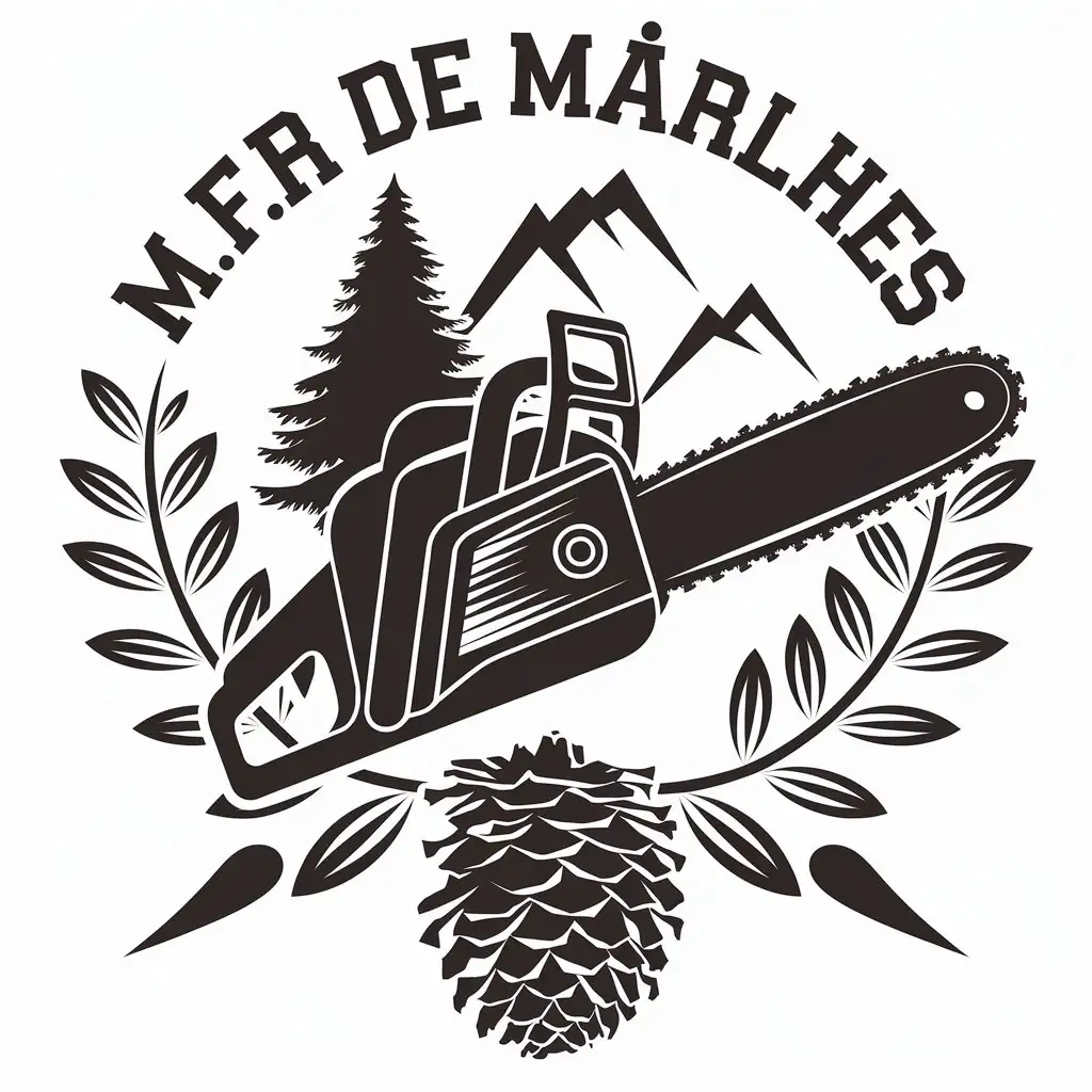 a vector logo design,with the text "M.F.R de Marlhes", main symbol:chainsaw, fir tree, pine cone, mountain, leafy,Moderate,clear background