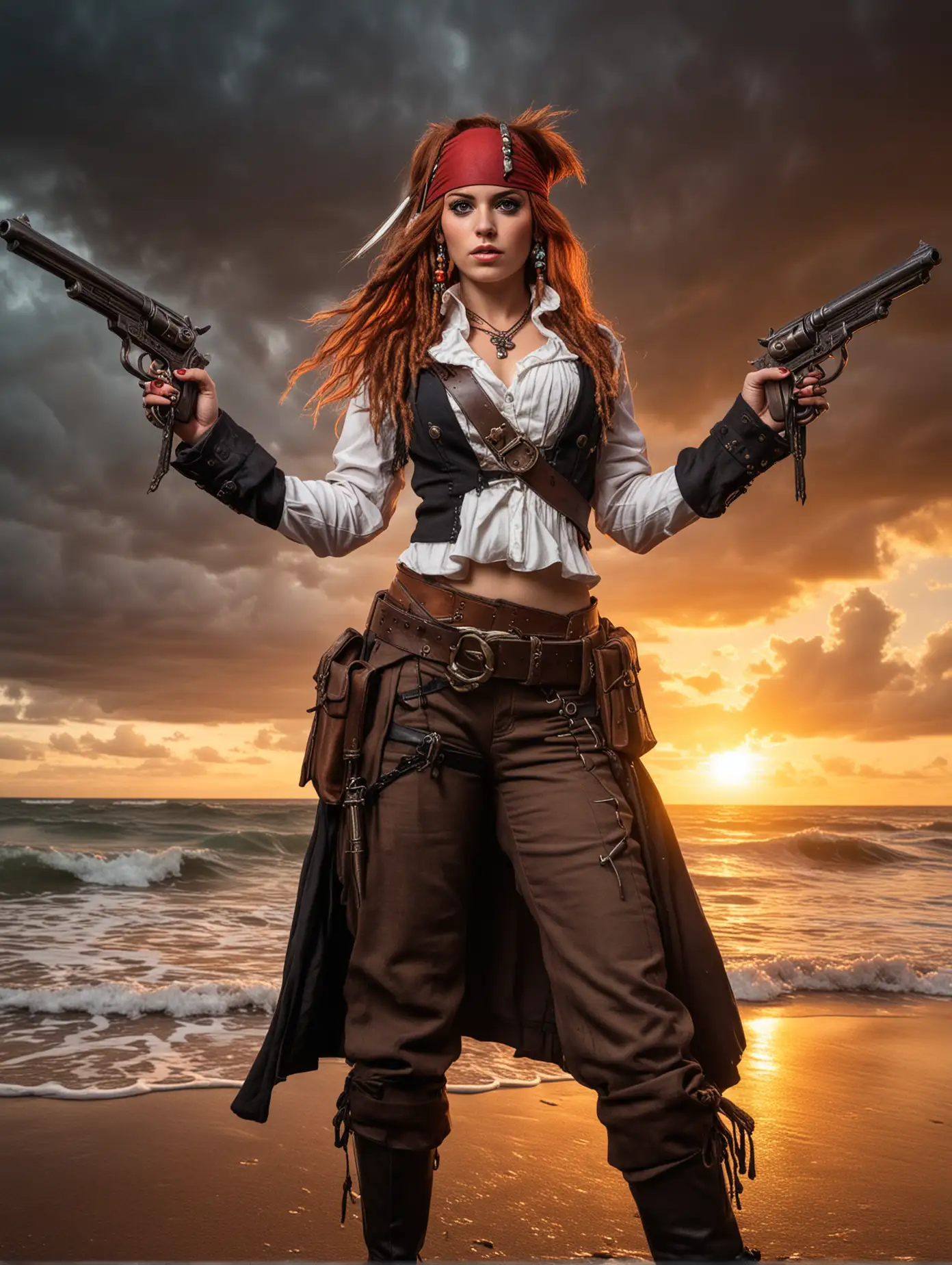 A surreal photograph captured from a low angle, depicting a fierce ginger female cosplaying as captain jack sparrow with holding two bronze revolvers in both hands. Standing in stormy beach  with amazing sunset backhround. The scene is vibrant, using a pop-art color palette that adds whimsy and dynamism