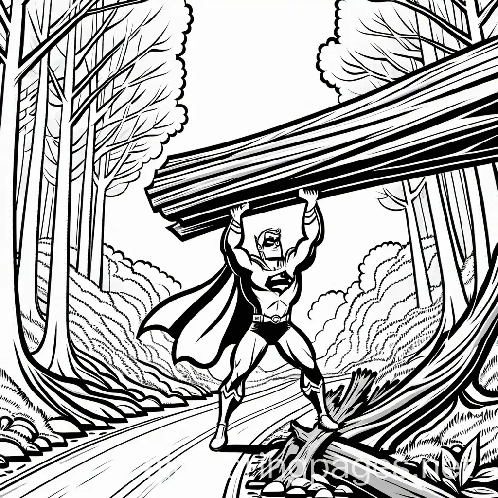 A superhero lifts a fallen tree off a road , Coloring Page, black and white, line art, white background, Simplicity, Ample White Space. The background of the coloring page is plain white to make it easy for young children to color within the lines. The outlines of all the subjects are easy to distinguish, making it simple for kids to color without too much difficulty