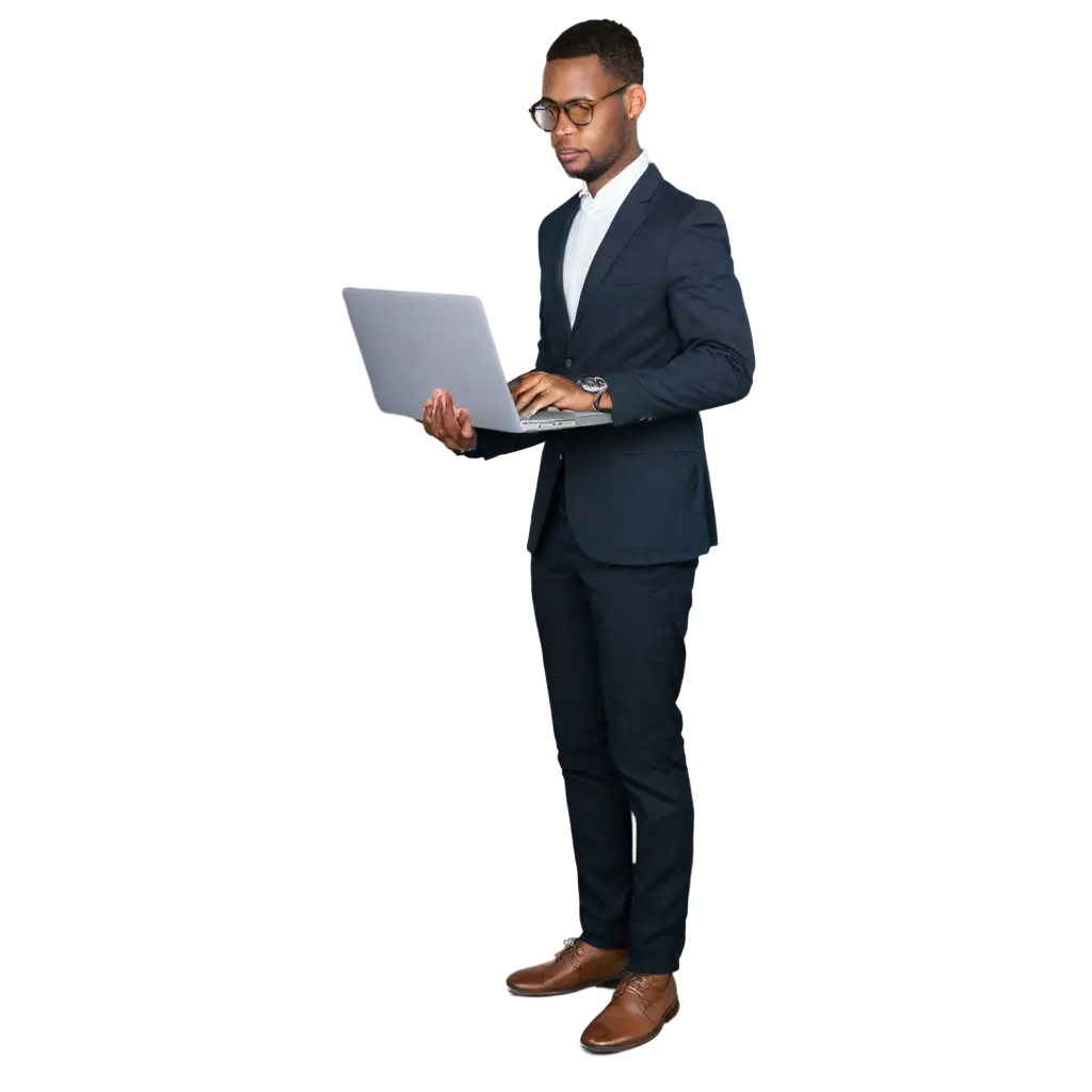 PNG-Image-Black-Software-Engineer-Working-on-MacBook-Standing-Up-in-Suit-with-Short-Haircut