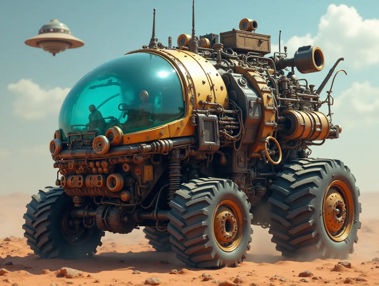 Create a crazy vehicle with many gears big windows ufo shiny cyberpunk.