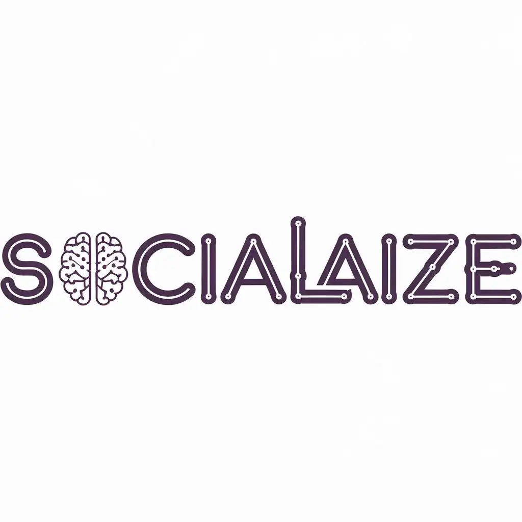 SocialAIze: Logo for an amazing app that lets you practice your social skills, powered by AI. The 'AI' part of 'SocialAIze' is capitalized and has its own unique design that reminds of AI. The color palette theme is a futuristic, cool, dark purple-range pallette that blends into a white transparent background