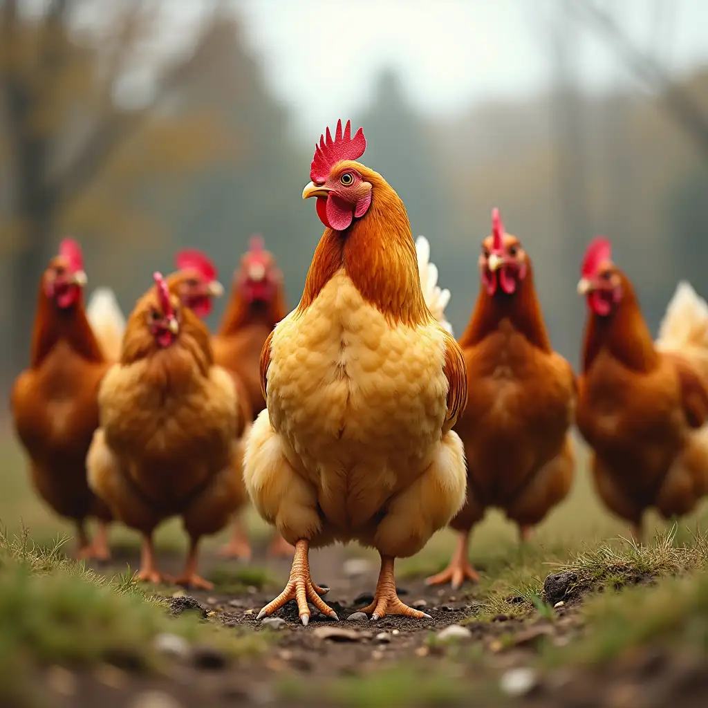 Farm Scene with Chickens Yellow Brown and Red Chickens in Natural Setting