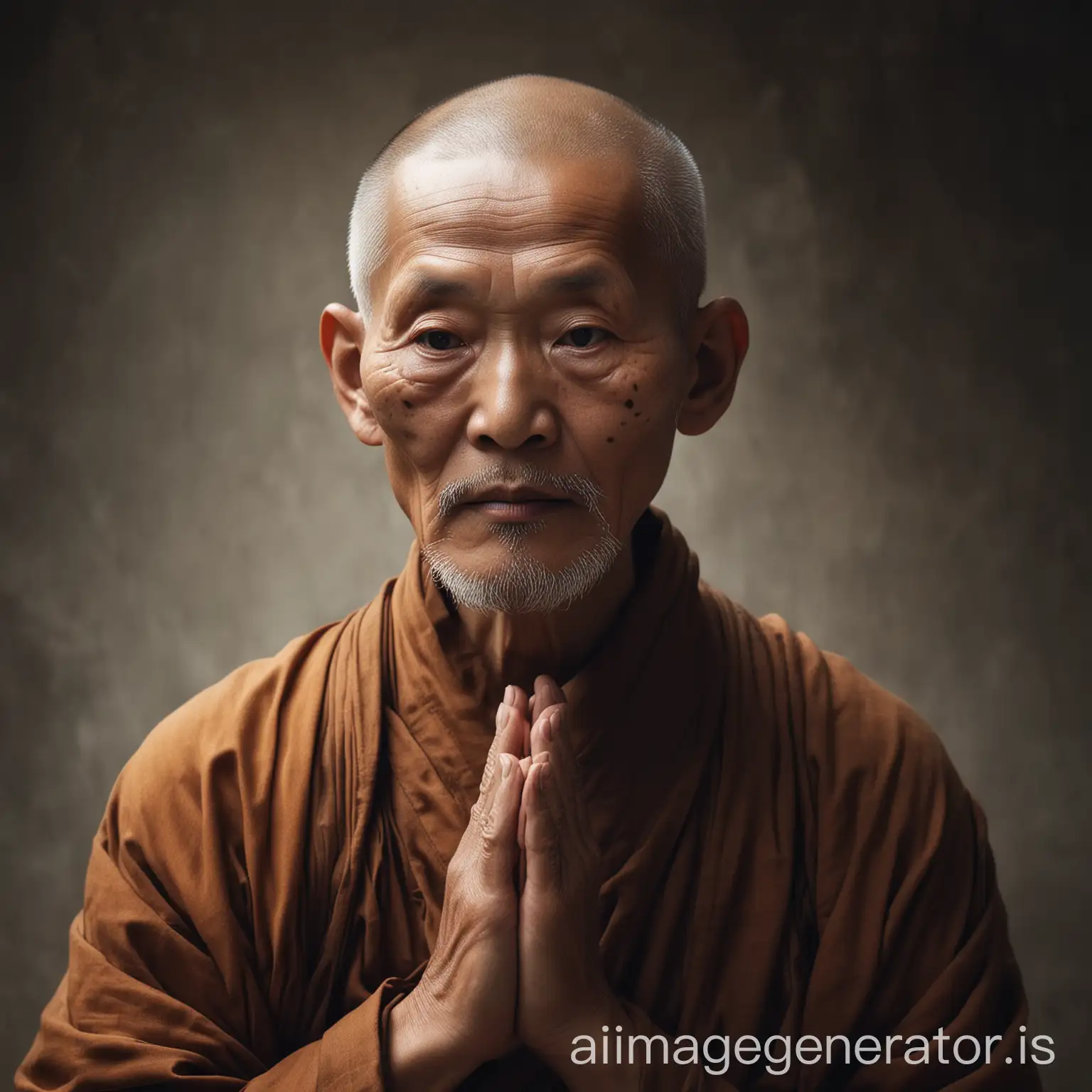 Asian person with ethereal grace and strong principles, an elderly monk with a full-face (visible from the chest up)