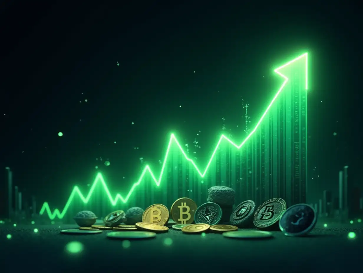 Create a visually stunning illustration that captures the dynamic growth of cryptocurrencies. The centerpiece should be a glowing green growth chart, symbolizing the upward trajectory of various cryptocurrencies. The chart should rise dramatically, showcasing a series of peaks and valleys, highlighting the volatility inherent in the crypto market.Surrounding the chart, include a diverse array of cryptocurrency coins, such as Bitcoin, Ethereum, and Litecoin, each illustrated with their distinctive designs. The coins should appear to be emerging from the chart itself, creating a sense of depth and interaction between the growth graph and the currencies.Incorporate additional cryptocurrency elements, such as digital wallets, blockchain graphics, and abstract representations of network connections, enhancing the theme of digital finance. Use a vibrant color palette with electric greens and blues contrasted against darker shades to give the image a modern and futuristic feel.Add dynamic features like shimmering light trails or sparks that suggest movement and energy, guiding the viewer’s eye along the growth chart. The background should be a blend of soft gradients and geometric patterns, evoking the high-tech world of cryptocurrency.The entire composition should convey optimism and excitement about the potential of digital currencies, symbolizing both innovation and the rapid evolution of finance in the digital age. This image should inspire curiosity and engagement with the ever