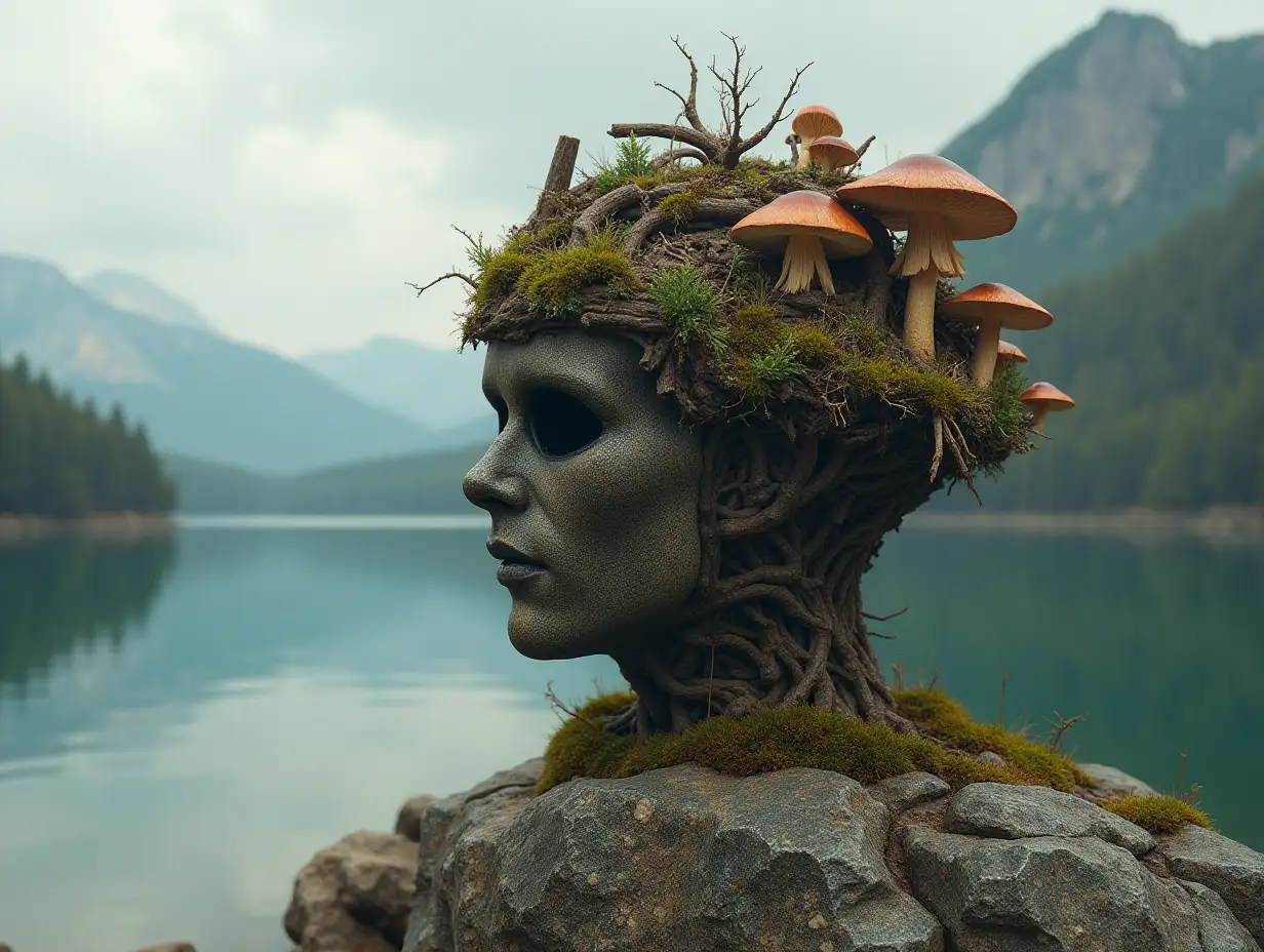 Head with helmet,stones,mushrooms,roots,bones transformed into building at the lake full body feathers on a rock 4K resolution
