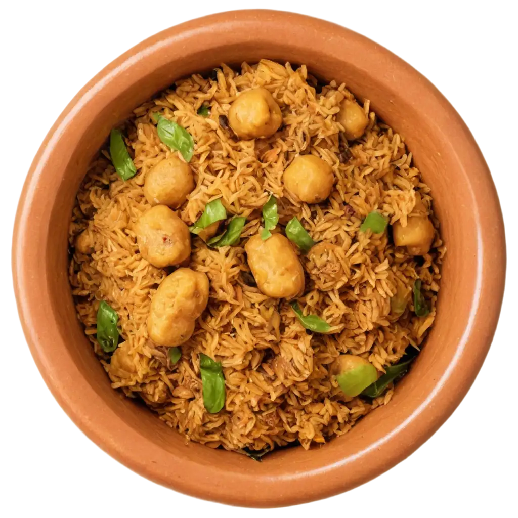 front view of kappa biriyani in clay bowl