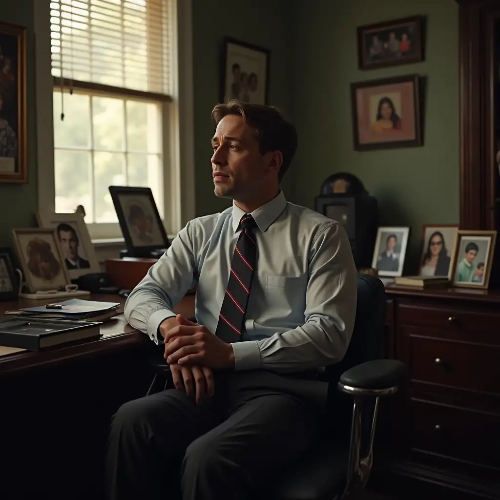 Theme: Tension and Moral Dilemma 1. Victor in the Office: - A lawyer in a messy office, surrounded by pictures of his family. Expression of pain and loneliness, with soft light filtering through the window.*