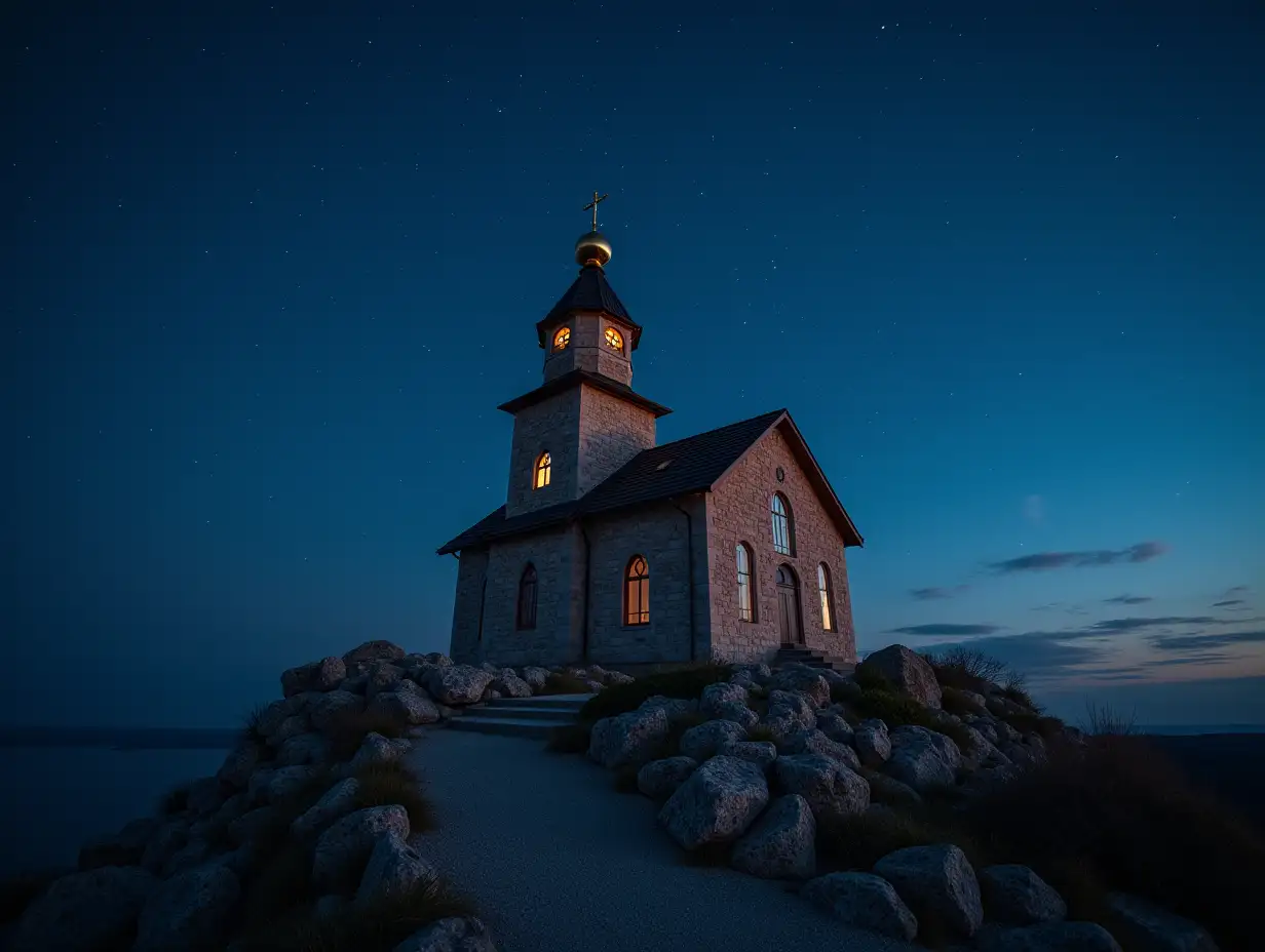 On a rock creates an orthodox church on a full of stars night