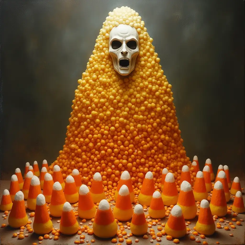 A full view oil painting of a sculpture depicting a candy corn God idol with hundreds of tiny anthropomorphic human-shaped candy corn bowing down before it, in the style of orange white and yellow, dark and spooky themes. Hellish candy world background.