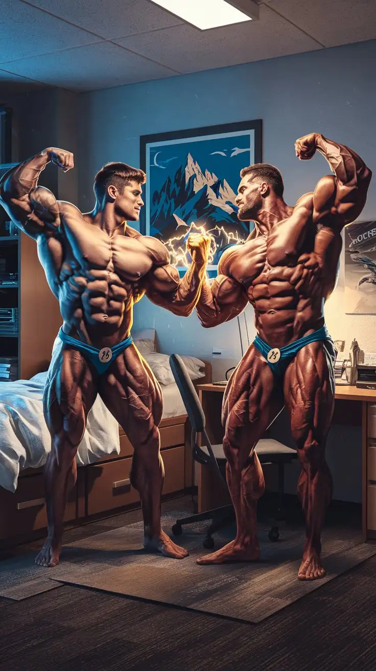 In a dorm room at night. 2 musclegod bodybuilders. Supercharged brawn. Herculean powers. 27 years old. Sharing golden electricity with each other. Flexing triumphantly. Photorealistic.