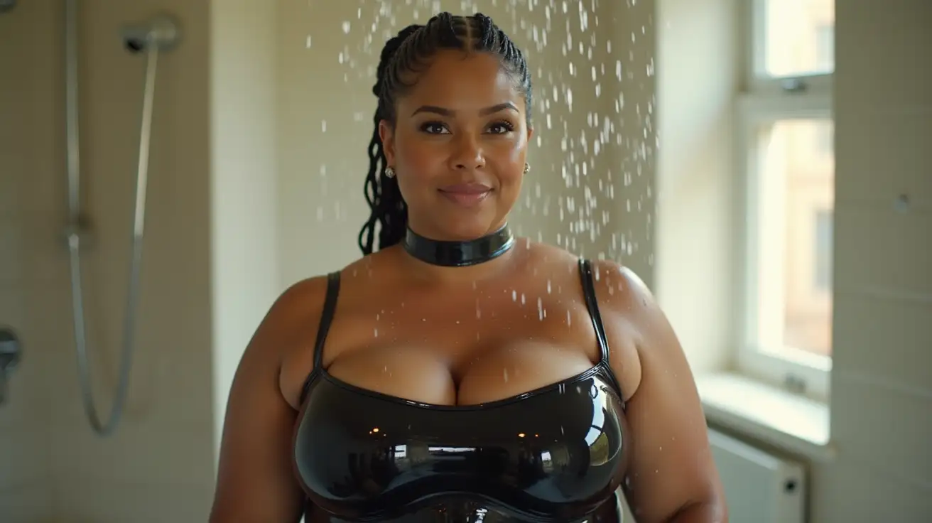 Confident corpulent woman in the shower, wearing a narrow snug black latex choker, highly reflecting skintight latex tanktop, high quality clear latex reflections, morning light coming through the bathroom window