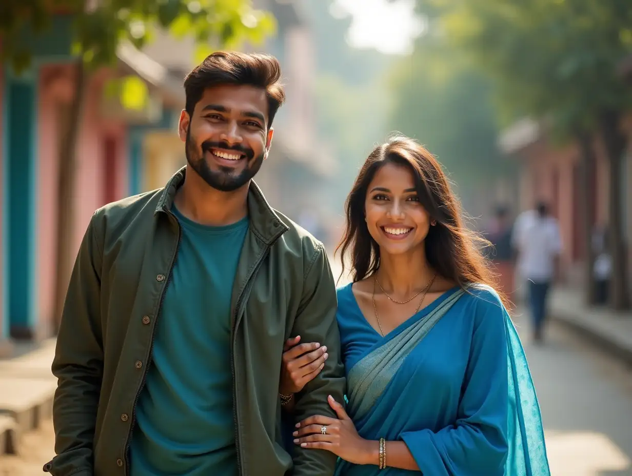 A young couple in rikswhaw happy indian sctreet beautiful street. Man wearing dark green jacket and women wearing blue saree