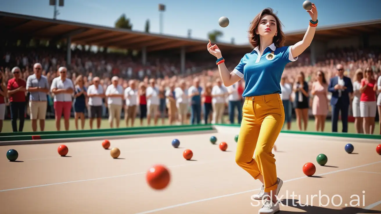 Sunny stadium, elegant young female athlete. Woman doing bocce sport, woman shooting, Bright outfit, strong stance. In the background, thousands of enthusiastic fans. formal bocce attire , gaudy atmosphere. Confident facial expression while focusing intently on the target. The moment of the shot: the ball floats in the air, the crowd takes a deep breath. A celebration of sport and passion, on the verge of victory. The artistic transfer of this is done in different ways A female bocce athlete wearing a medal