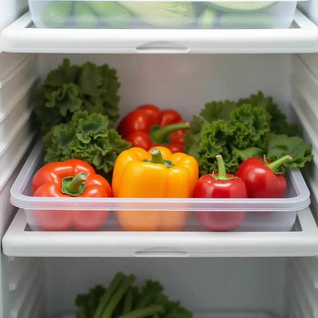 front of Vegetables in food storage box in fridge