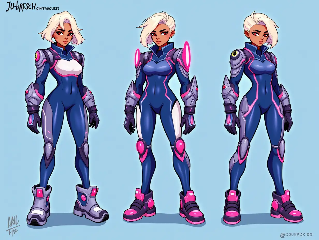 Character Overview: Body Type: Between average and curvy Skin Tone: Olive (between dark and white) Face Shape: Angular with sharp edges Eyes: Small, almond-shaped Hair: Short, wavy, platinum blonde Accessories: Hair jewelry Outfit & Style: Theme: High-tech, sci-fi attire Color Scheme: Blue & pink (can be neon/cyberpunk-ish or sleek and futuristic) Outfit Details: Likely a form-fitting, armored bodysuit with glowing or metallic elements Extra Tech Details: Do you want any gadgets, visors, gloves, or cybernetic elements? Personality & Expression: Energy: High-energy, always on the move Expression: Smirky, playful but confident