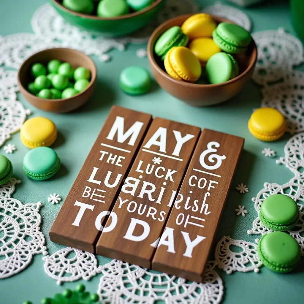 St. Patrick's Day theme, shown in a high-resolution photo,A wooden sign with vertical grooves is placed on a table. The sign displays the text 'MAY THE LUCK OF THE IRISH BE YOURS TODAY' in white, capital letters.  The table is adorned with a white lace tablecloth, and around the sign, there are various green - themed items, including a bowl filled with green macarons and yellow fruits, as well as another small container with green candies. The overall scene is well - lit, creating a festive and lucky atmosphere.Directly above, from a top-down perspective, captured in real life, delicate