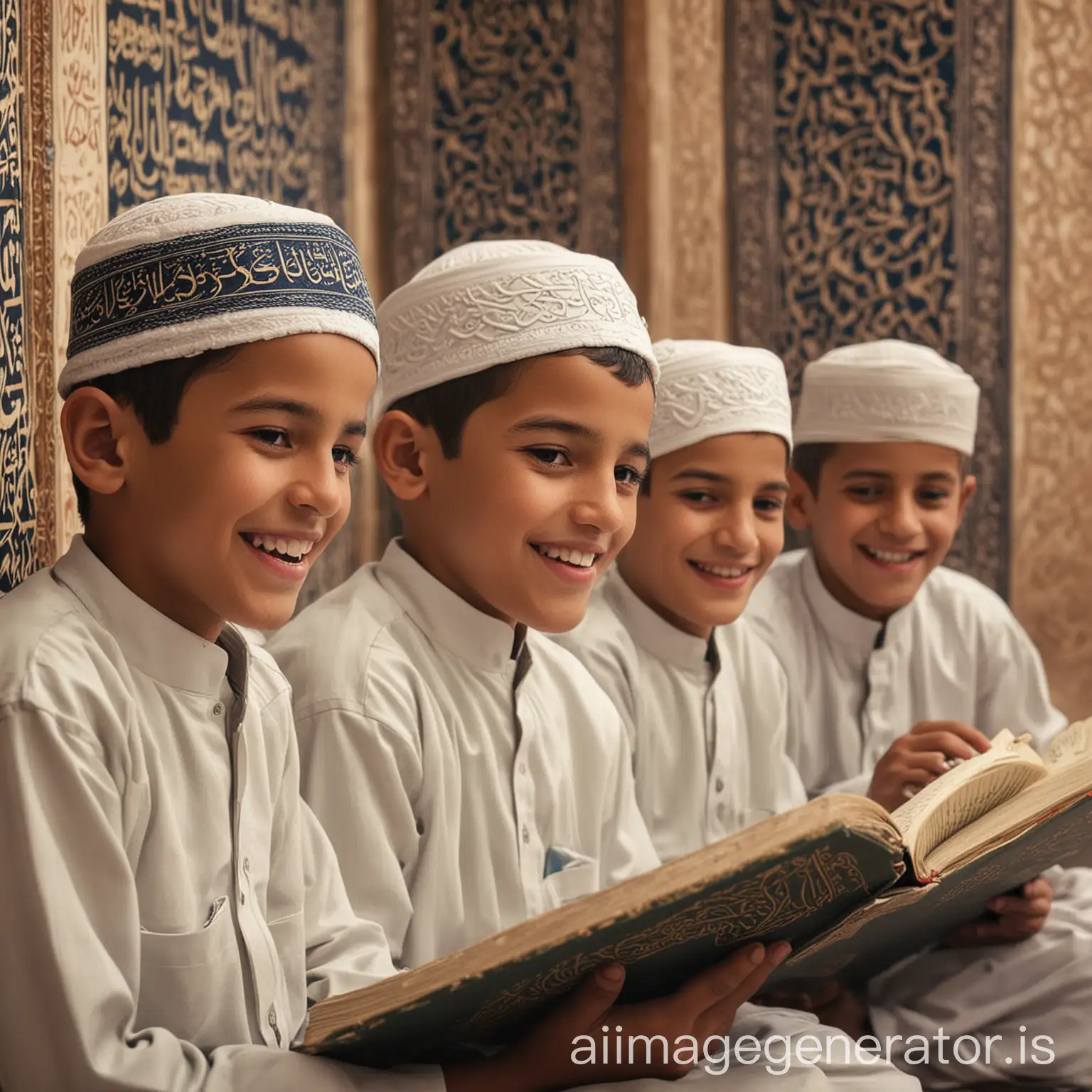 smilling boys reading quran in madrasa