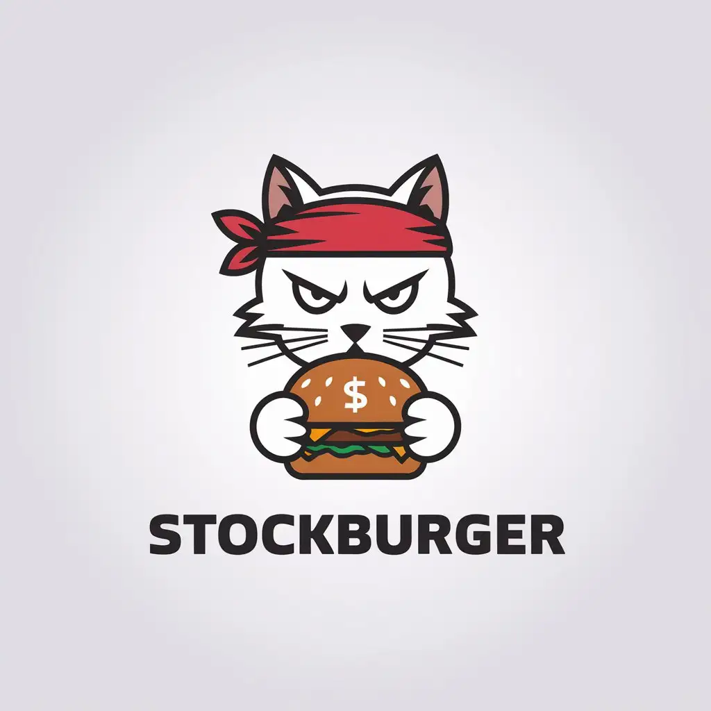 LOGO Design for StockBurger Serious Cat with Red Bandana Eating Burger with Dollars in Minimalistic Style for Finance and Crypto Industry