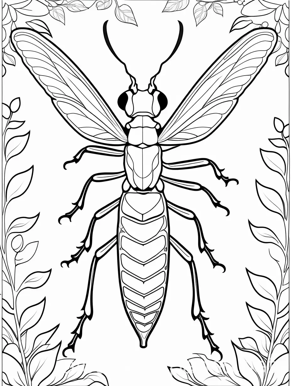Leaf Insect, Coloring Page, black and white, line art, white background, Simplicity, Ample White Space. The background of the coloring page is plain white to make it easy for young children to color within the lines. The outlines of all the subjects are easy to distinguish, making it simple for kids to color without too much difficulty