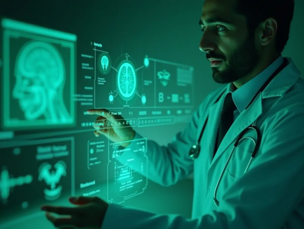 Create a high-tech, futuristic medical interface featuring a doctor in a white coat and stethoscope interacting with a transparent digital screen. The screen should display various medical data, including brain scans, patient information, heart rate monitors, and body diagnostics. Adjust the overall color scheme to shades of green, including the background, interface elements, and lighting effects, creating a modern and advanced healthcare technology aesthetic. Ensure a sleek, sci-fi-inspired look with glowing UI elements and a slightly blurred depth-of-field effect.