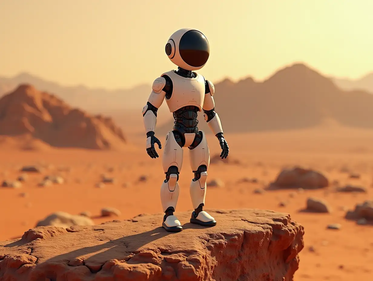 Create a high-resolution, realistic image of the two-meter tall artificial intelligence named Robert with arms and legs on Mars on a rock in 4k resolution.