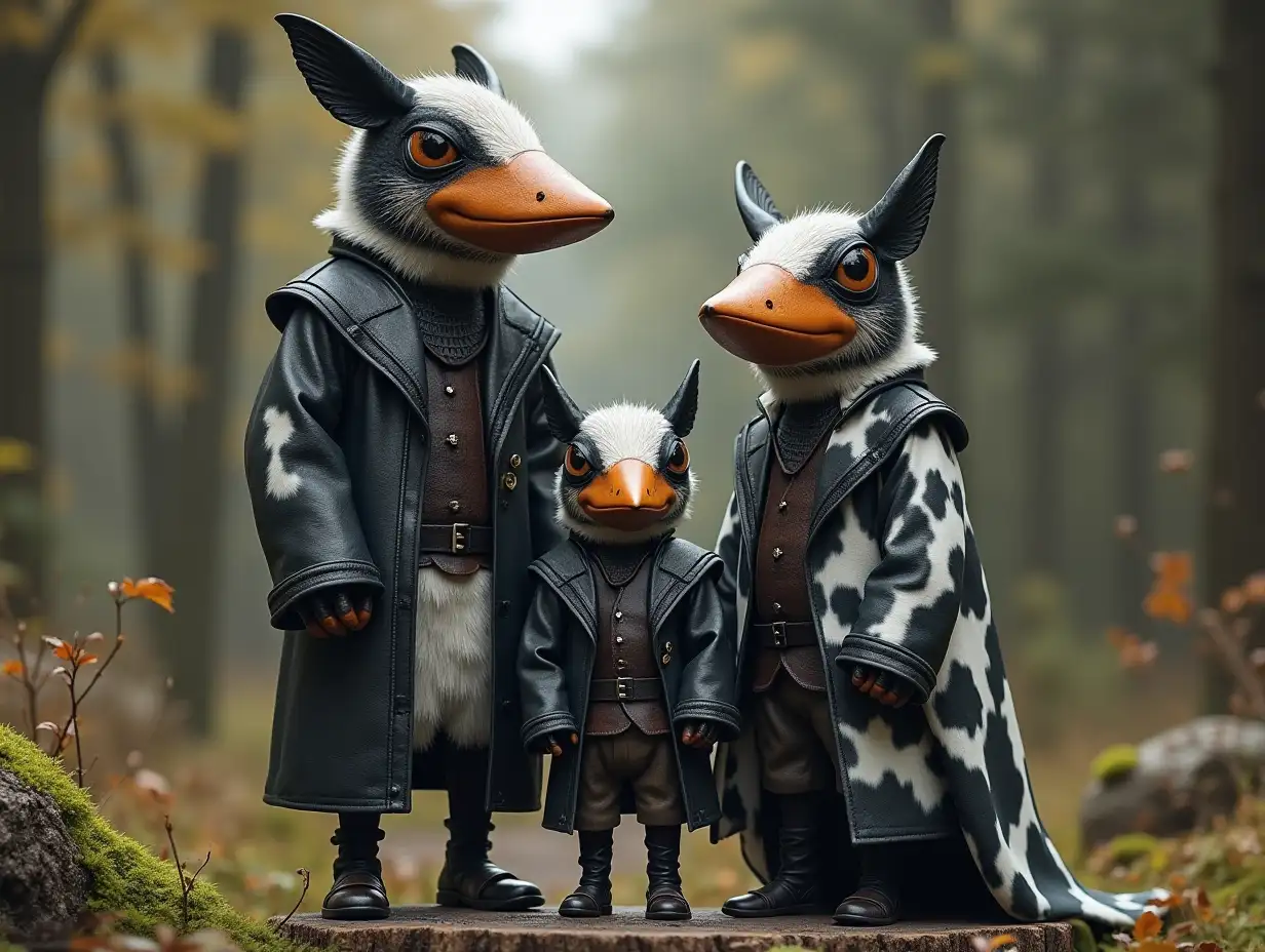 KI-Fantasy family, man, woman, and children, with ears and giant hummingbird face with and black- and white leather coat, cow pattern stands on a stump in 4k