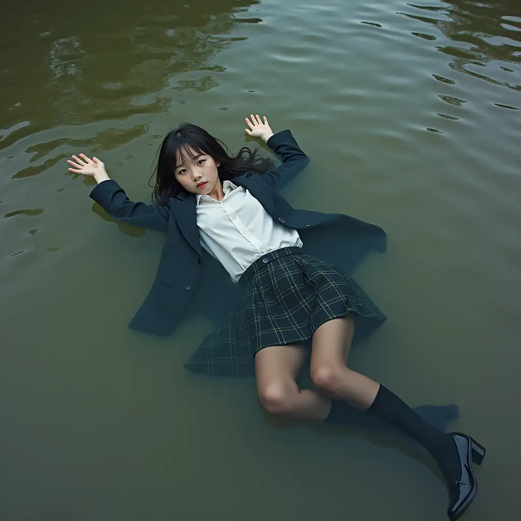 Schoolgirl in a school uniform, in a skirt, jacket, blouse, dark tights, high-heeled shoes. She is swimming in a dirty pond, lying underwater, all her clothes are completely wet, wet clothes stick to her body, the whole body is underwater, submerged in water, under the surface of the water, below the water's edge.