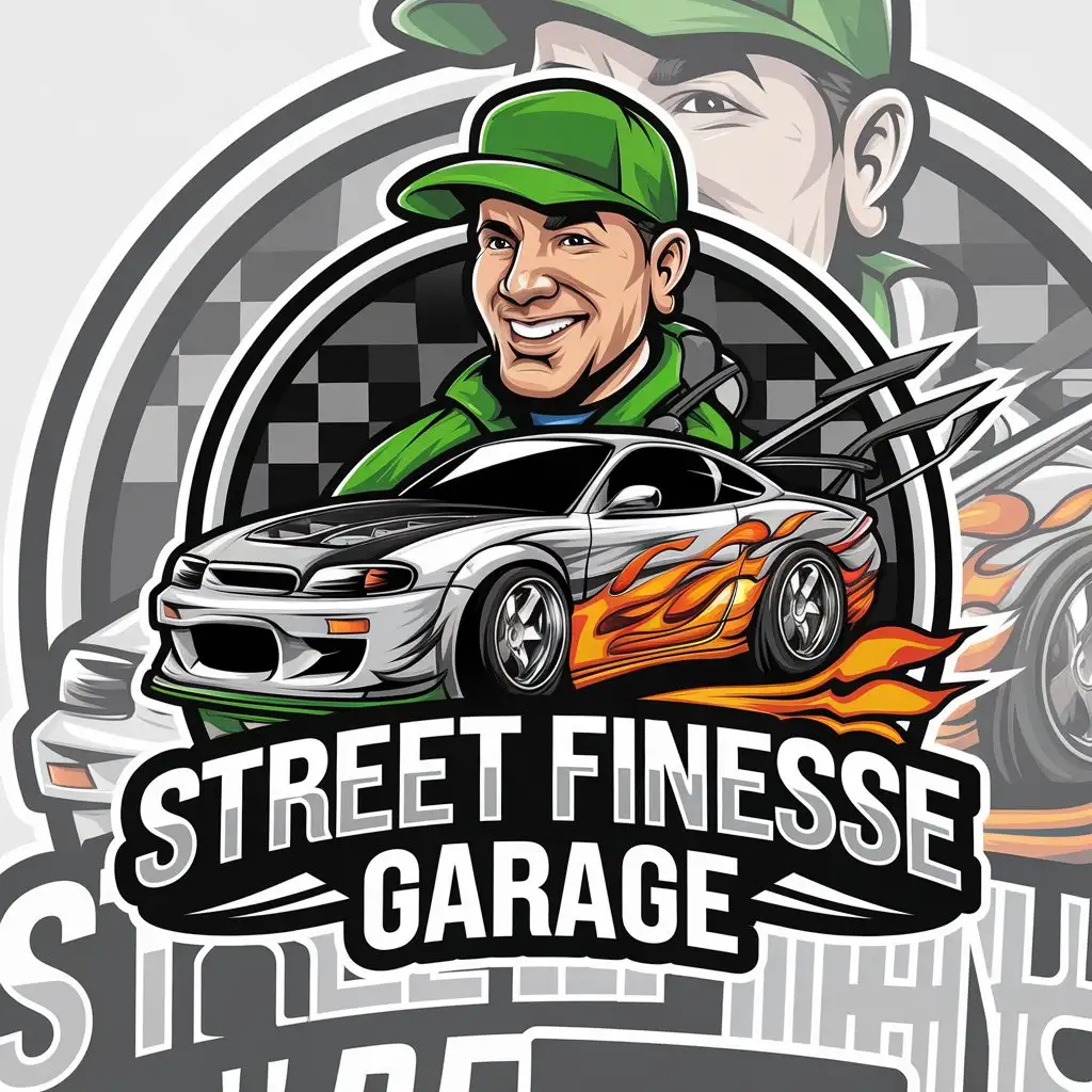 LOGO Design for Street Finesse Garage Happy Mechanic with Drift Car and Flames Theme