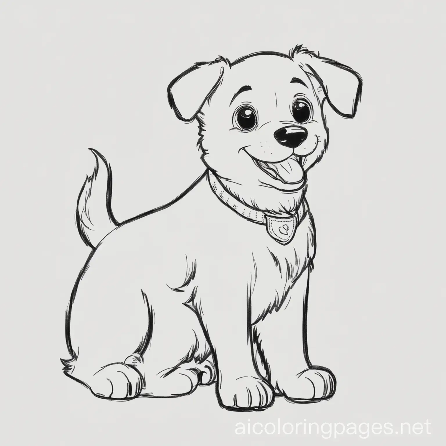 happy dog, Coloring Page, black and white, line art, white background, Simplicity, Ample White Space. The background of the coloring page is plain white to make it easy for young children to color within the lines. The outlines of all the subjects are easy to distinguish, making it simple for kids to color without too much difficulty