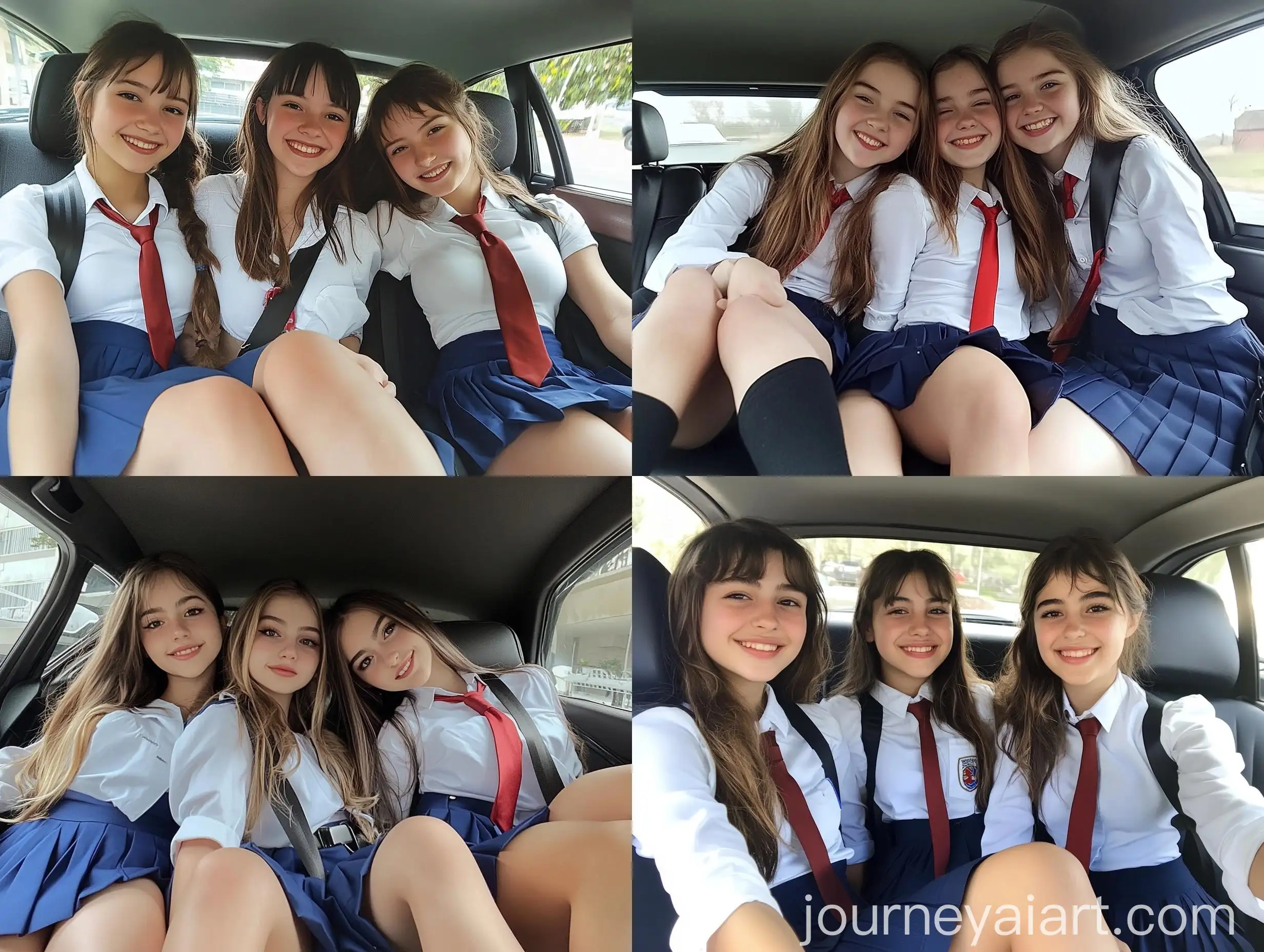 Three-Girls-in-School-Uniforms-Smiling-Inside-Car