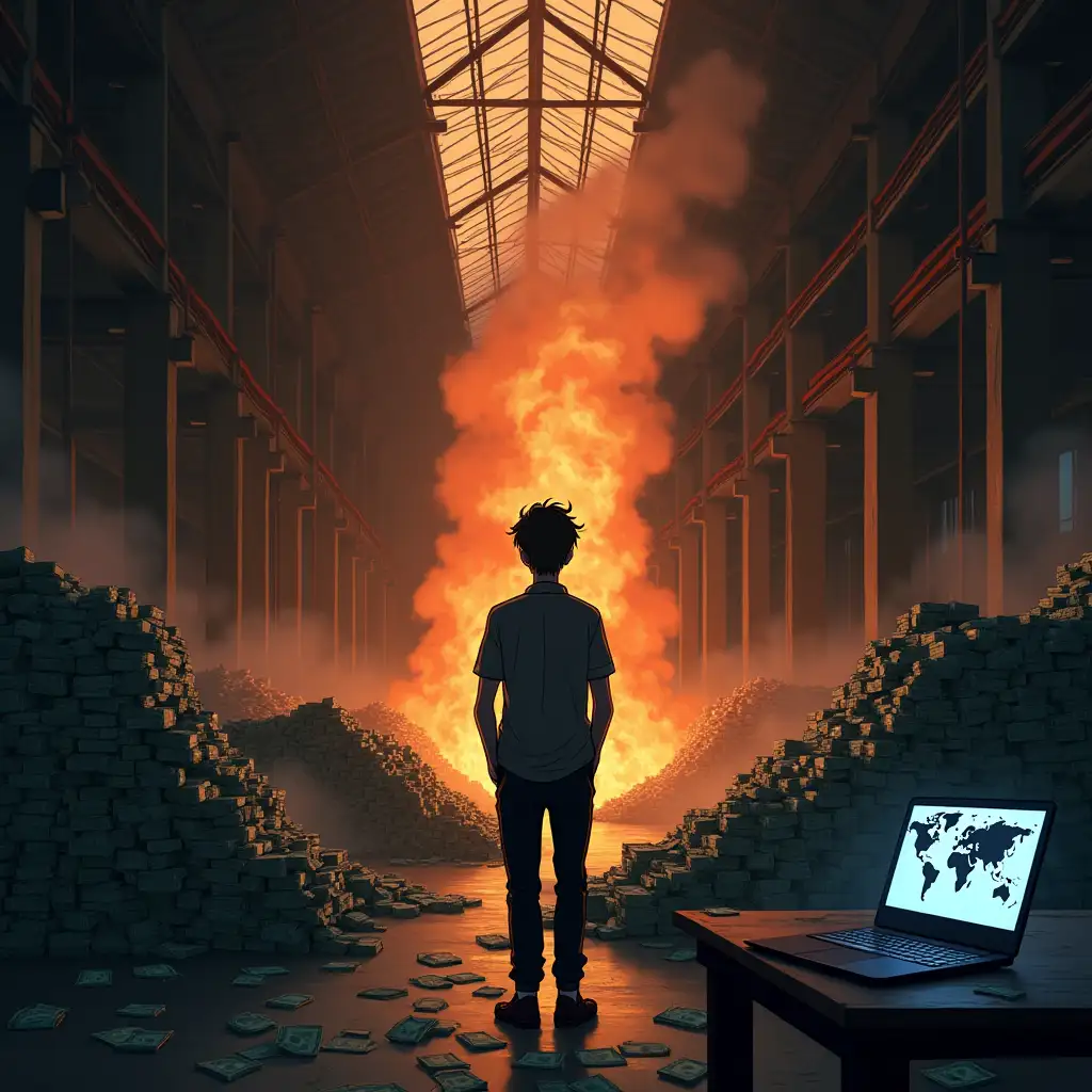 Mysterious-Warehouse-with-Burning-Money-and-Gamers-World-Map