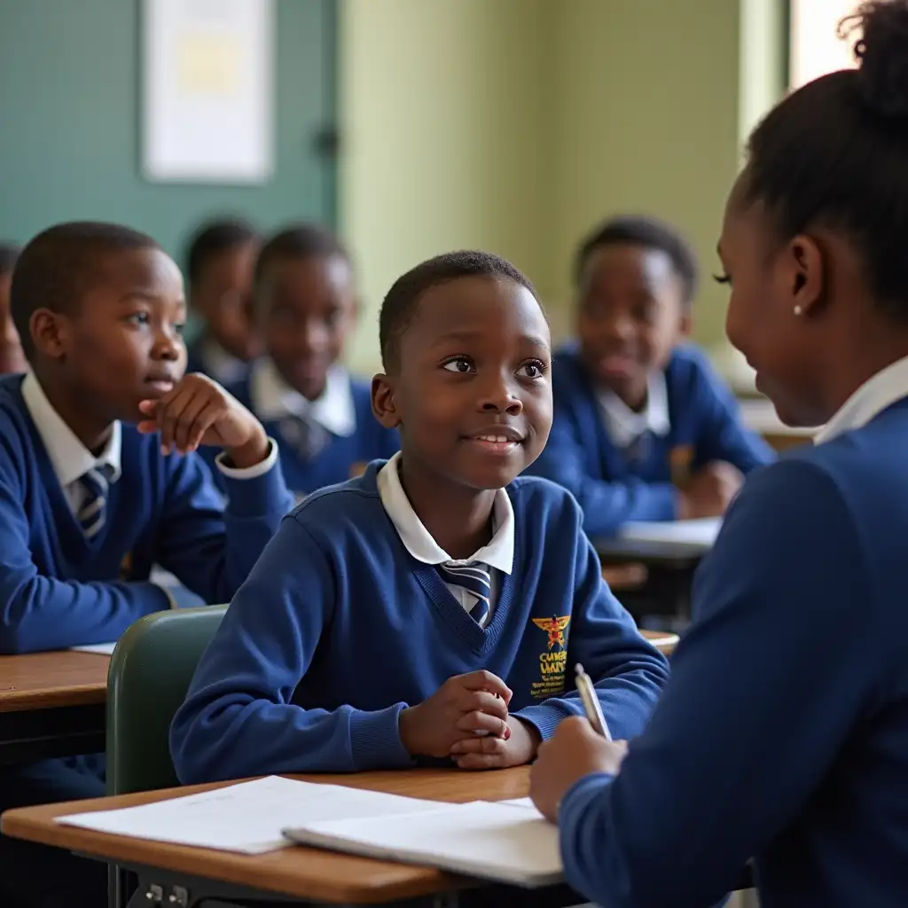 BLACK TEEN  BOYS AND BLACK TEEN GIRLS IN UNIFORM BLUE AND WHITE IN CLASSROOM TALKING TO  BLACK TEACHER